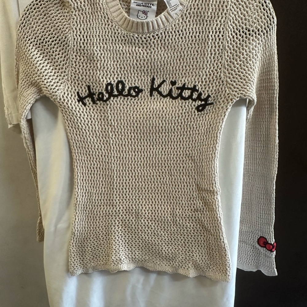 Hello Kitty Women's Cream Open-Knit Crewneck Sweater